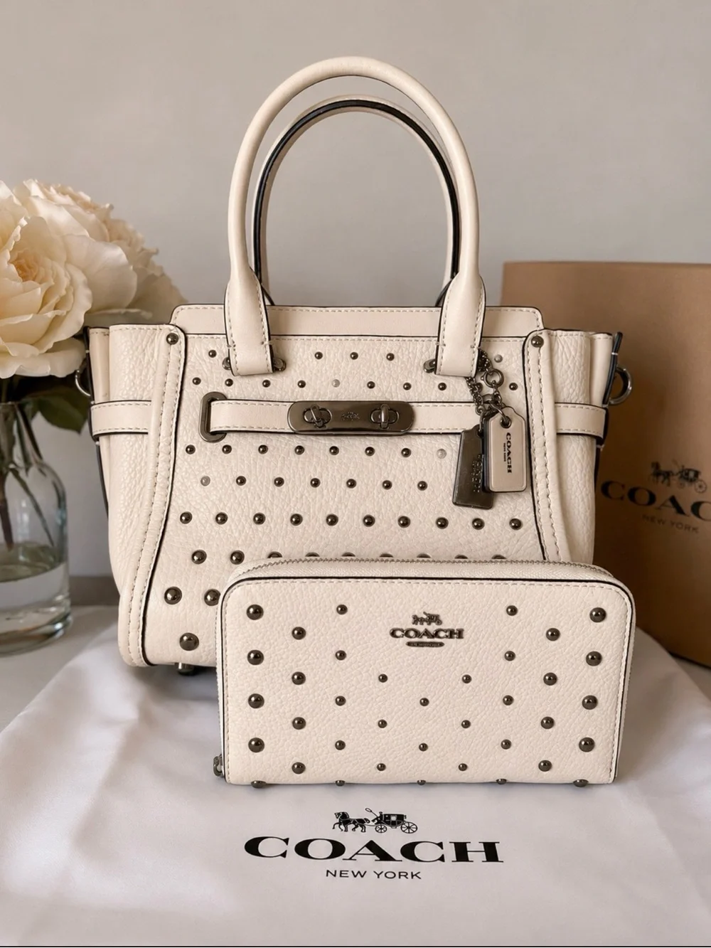 Coach Cream Leather Studded Satchel with Matching Wallet
